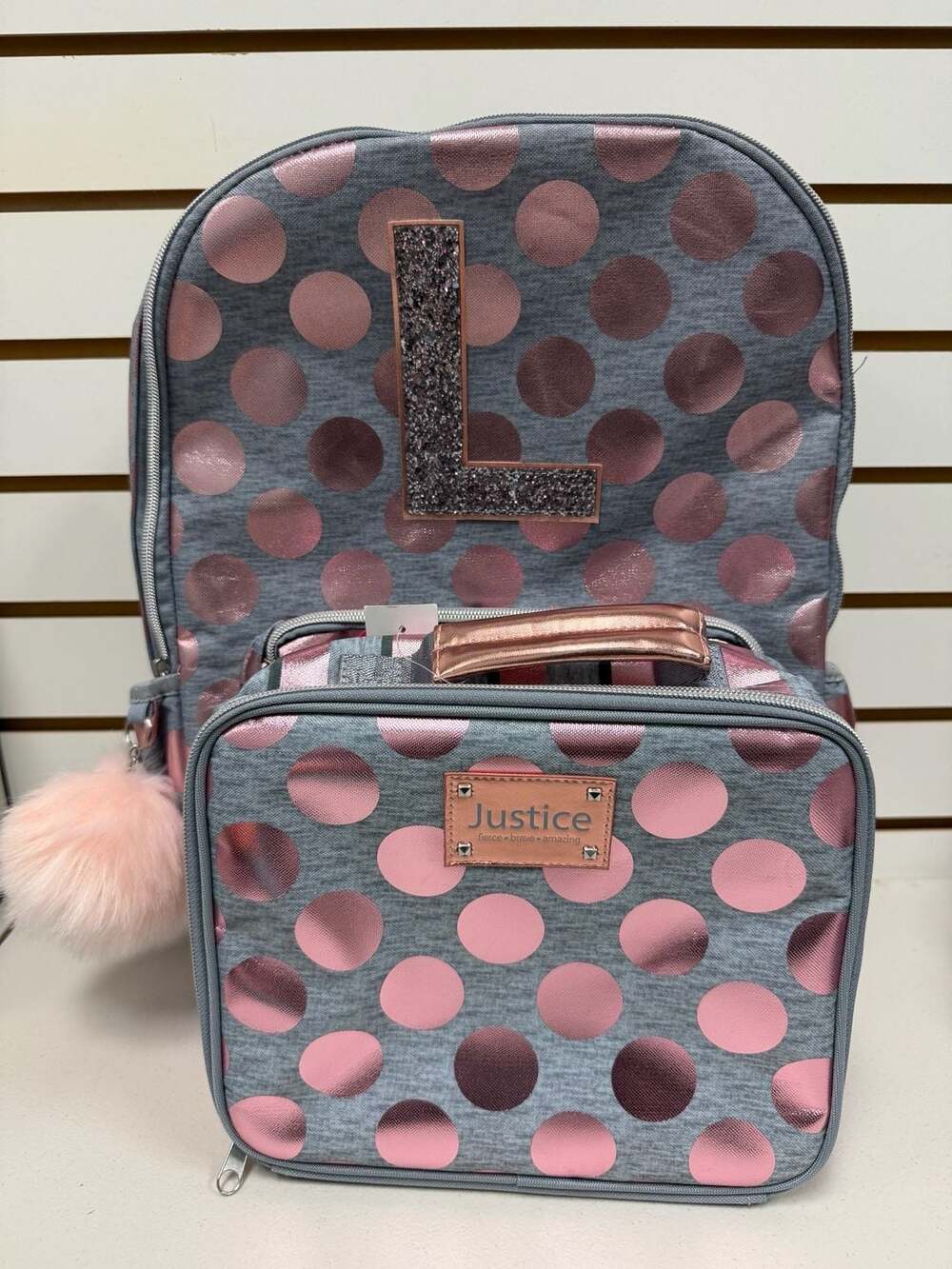 Justice Rose Gold Foil Polka Dot Backpack &  Lunch Tote  Initial L NWT